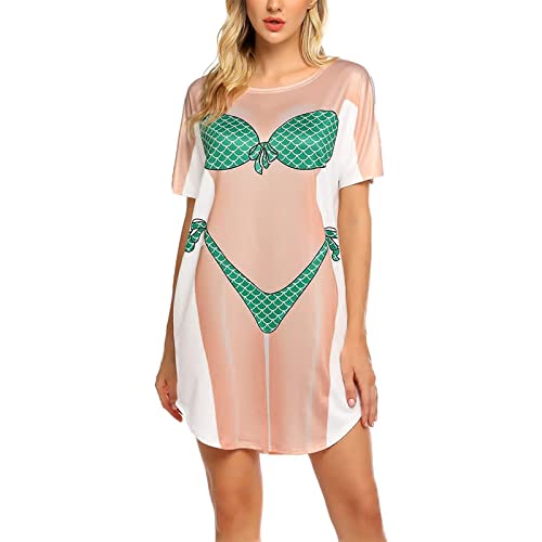 Damen Bikini Shirt Cover Up Lustig Baggy 3D Bikini Print T-Shirt Kleid Kurzarm Einteiler Strand Bademode Cover Up Bademode, Grüne Meerjungfrau, XL von SANSIWU