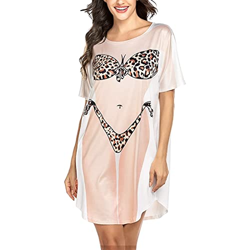 Damen Bikini Shirt Cover Up Lustig Baggy 3D Bikini Print T-Shirt Kleid Kurzarm Einteiler Strand Bademode Cover Up Bademode, leopardenmuster, XXL von SANSIWU