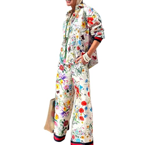 Damen Boho 2-teiliges Outfit Bohemian Print Kurzarm Knopfleiste Hemd + Kordelzug Hose Set Beachwear, I-01, S von SANSIWU