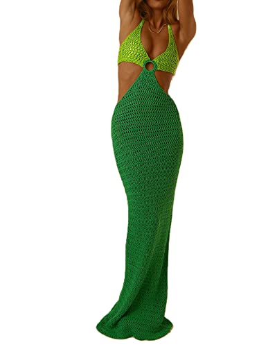 Damen Crochet Strandkleid V Ausschnitt Low Cut Ärmellos Cutout Bikini Rückenfrei Fransen Knit Langes Strandkleid Badeanzug Cover Ups Club Y2k Streetwear, C-grün, Medium von SANSIWU