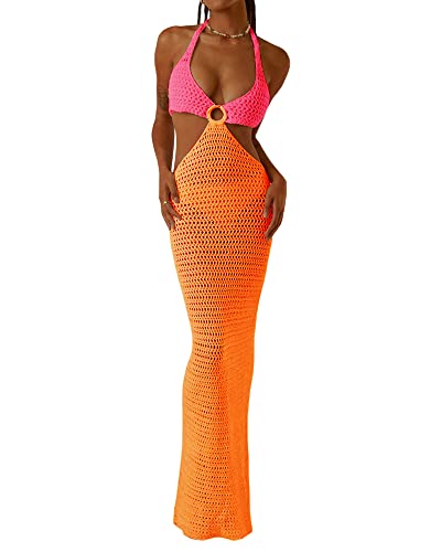 Damen Häkelkleid Strandkleid V Ausschnitt Low Cut Ärmellos Cutout Bikini Rückenfrei Fransen Strick Langes Strandkleid Badeanzug Cover Ups Club Y2k Streetwear, C-Orange Pink, M von SANSIWU