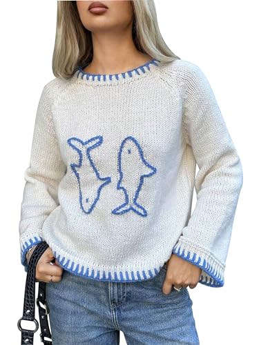 Damen Herbst Winter Langarm Pullover Sweater Fisch Tier Muster Rundhalsausschnitt Strickwaren Kontrastbesatz Lose Strickpullover Tops, A-Blau, S von SANSIWU