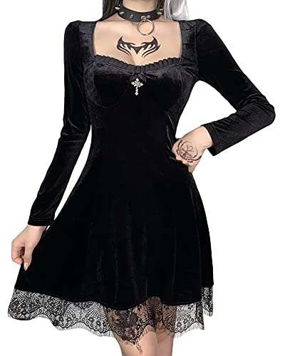 Grufti-Kleid für Damen, Lolita-Kleid mit Spitze, Langarm, schwarz, Retro, Punk, Puffärmel, A-Linie, ausgestellt, kurzes Kleid, G-black, Medium von SANSIWU