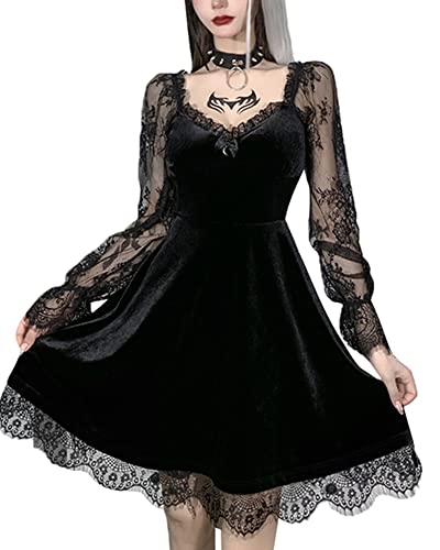 Grufti-Kleid für Damen, Lolita-Kleid mit Spitze, Langarm, schwarz, Retro, Punk, Puffärmel, A-Linie, ausgestellt, kurzes Kleid, F-schwarz, Medium von SANSIWU