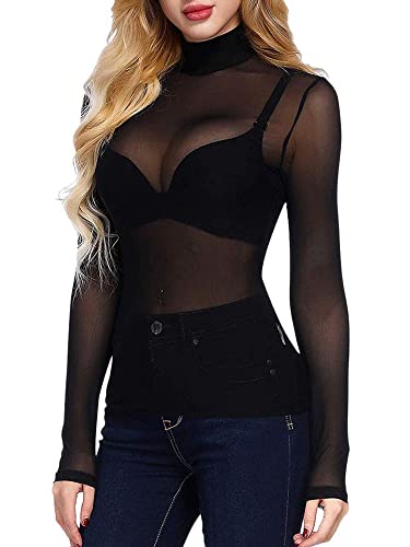 Damen Sexy Shirts Mesh Sheer Glitter Pailletten Langarm Cover Up Y2K Flare Sleeve Cropped Top Rollkragen Button-Down Shirt Streetwear (A-Black, M) von SANSIWU