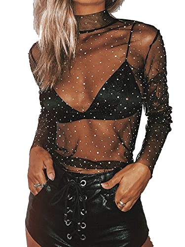 Damen Sexy Shirts Mesh Sheer Glitter Pailletten Langarm Cover Up Y2K Flare Sleeve Cropped Top Rollkragen Button-Down Shirt Streetwear (B-Black, L) von SANSIWU