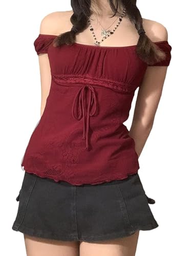 Damen-T-Shirt, Motiv: Fee, Grunge, Y2K, kurze Ärmel, quadratischer Ausschnitt, Spitze, Patchwork, schmale Passform, bauchfreies Top, Spitze, Sommer-T-Shirt, D-rot, Small von SANSIWU