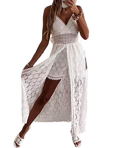 SANSIWU Damen V-Ausschnitt Ärmellos Strick Spitze Cutout Sling Maxikleid Rüschen Offener Rücken Unregelmäßiger Saum Vintage Partykleid Boho Solid Strandkleid, B-beige, X-Large von SANSIWU