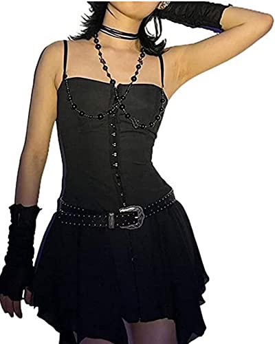 Damen V Ausschnitt ärmellos Spaghettiträger Y2K Minikleid Body Front Schnalle vorne unregelmäßiger Saum Harajuku Street Mini Gothic Kleid Club Nachtclub Kleidung, A-schwarz, Small von SANSIWU