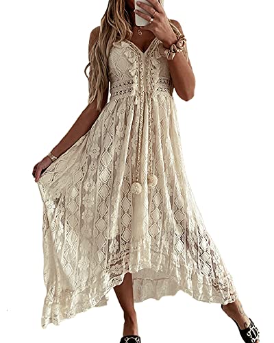 Damen-Maxikleid mit V-Ausschnitt, ärmellos, gestrickt, Spitze, Cutout, Schlinge, Rüschen, offener Rücken, unregelmäßiger Saum, Vintage-Partykleid, Boho, solides Strandkleid, beige, M von SANSIWU