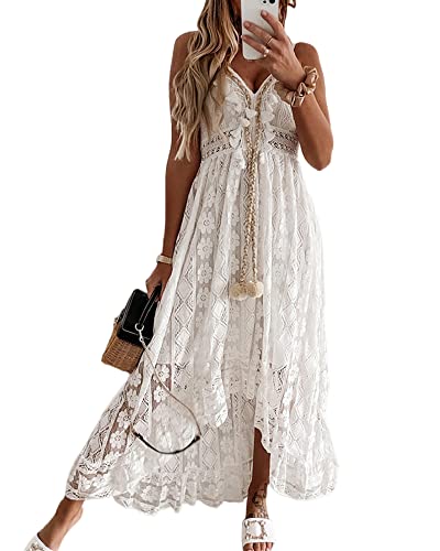 Damen V-Ausschnitt Ärmellos Strick Spitze Ausschnitt Sling Maxikleid Rüschen Offener Rücken Unregelmäßiger Saum Vintage Partykleid Boho Solid Strandkleid, weiß, XX-Large von SANSIWU