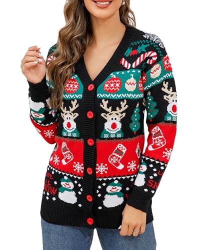 Frauen Weihnachten Cardigans Ugly Christmas Sweater Langarm V-Ausschnitt Button Down Pullover mit lustigen Mustern und Tieren, A-schwarz, XL von SANSIWU