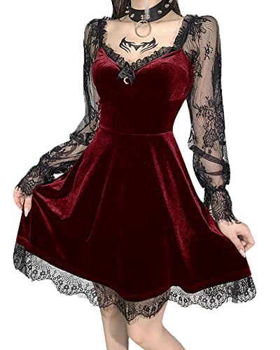 Grufti-Kleid für Damen, Lolita-Kleid mit Spitze, Langarm, schwarz, Retro, Punk, Puffärmel, A-Linie, ausgestellt, kurzes Kleid, F-rot, Small von SANSIWU