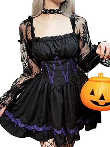 Grufti-Kleid für Damen, Lolita-Kleid mit Spitze, Langarm, schwarz, Retro, Punk, Puffärmel, A-Linie, ausgestellt, kurzes Kleid, K-schwarz, L von SANSIWU