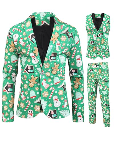 SANSIWU Männer Weihnachten Anzug Schnee Falke Santa Print Blazer Jacke und Hose 2 Stück Smoking Anzüge Regelmäßige Spaß Hässliche Xmas Kostüm, d-05, XXXXL von SANSIWU