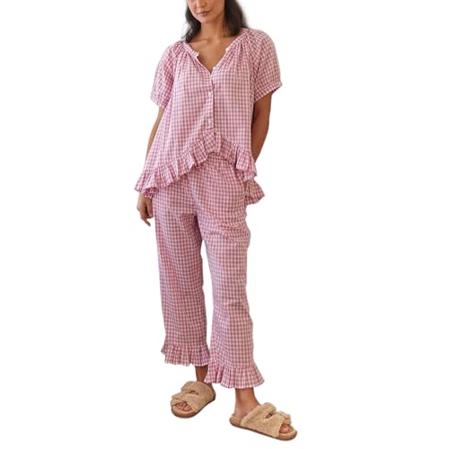 SANSIWU 2-teiliges Damen-Pyjama-Set, Y2k, Gingham-Kurzarm-Shirt, Knopfleiste und Rüschenhose mit Karomuster, Nachtwäsche, rot, S von SANSIWU