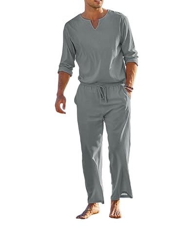 SANSIWU 2-teiliges Herren-Set aus Baumwoll-Leinen, lässig, einfarbig, langärmelig, Henley-Hemd und lockere Hose mit Kordelzug, Sommer-Strand-Outfits, A-Grau, XXL SANSIWU 2-teiliges Herren-Set aus Baumwoll-Leinen, lässig, einfarbig, langärmelig, Henley-Hemd und lockere Hose mit Kordelzug, Sommer-Strand-Outfits, A-Grau, XXL von SANSIWU