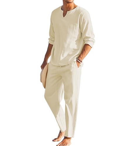 SANSIWU 2-teiliges Herren-Set aus Baumwoll-Leinen, lässig, einfarbig, langärmelig, Henley-Hemd und lockere Hose mit Kordelzug, Sommer-Strand-Outfits, A-Kaki, XL SANSIWU 2-teiliges Herren-Set aus Baumwoll-Leinen, lässig, einfarbig, langärmelig, Henley-Hemd und lockere Hose mit Kordelzug, Sommer-Strand-Outfits, A-Kaki, XL von SANSIWU