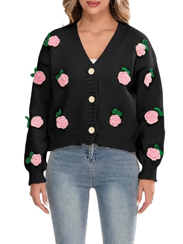 SANSIWU Damen 3D Blumen Cardigans Button-Down V-Ausschnitt Stricken Langarm Winter Cardigan Outwear mit Taschen, Schwarz , L von SANSIWU