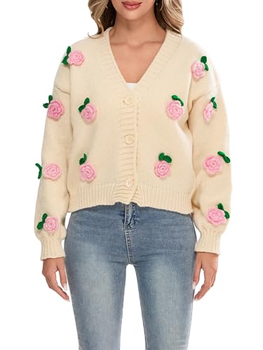 SANSIWU Damen 3D Blumen Cardigans Button-Down V-Ausschnitt Stricken Langarm Winter Cardigan Outwear mit Taschen, weiß, M von SANSIWU