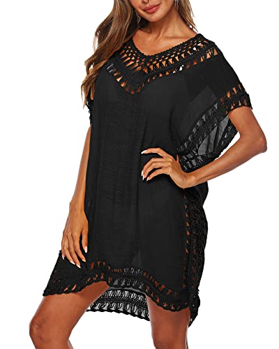 SANSIWU Damen Badeanzug Cover Ups Einfarbig Cutout Strand Cover Ups V-Ausschnitt Kurzarm Häkelkleid Strandkleidung, Schwarz , onesize von SANSIWU