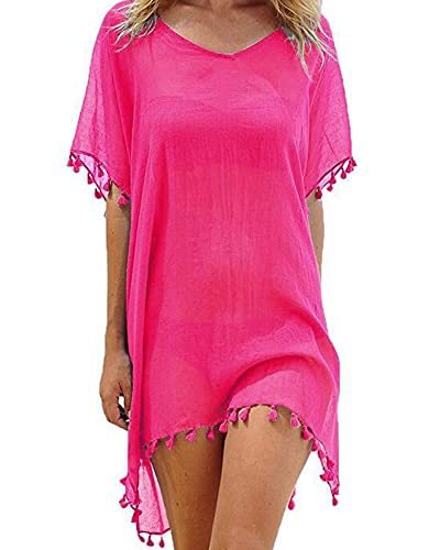 SANSIWU Damen Badeanzug Cover Ups Einfarbig Cutout Strand Cover Ups V-Ausschnitt Kurzarm Häkelkleid Strandkleidung, Z-pink, onesize von SANSIWU
