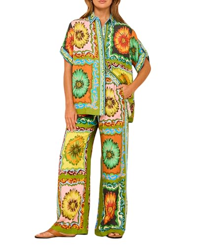 SANSIWU Damen Boho 2-teiliges Outfit Bohemian Print Kurzarm Knopfleiste Hemd + Kordelzug Hose Set Beachwear, B-01, 38 von SANSIWU