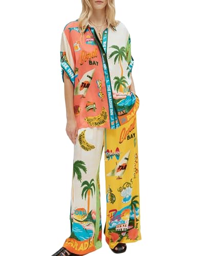 SANSIWU Damen Boho 2-teiliges Outfit Bohemian Print Kurzarm Knopfleiste Hemd + Kordelzug Hose Set Beachwear, gelb, 36 von SANSIWU