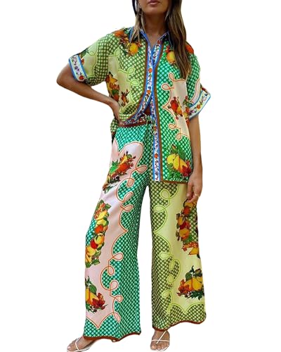 SANSIWU Damen Boho 2-teiliges Outfit Bohemian Print Kurzarm Knopfleiste Hemd + Kordelzug Hose Set Beachwear, lichtgrün, 42 von SANSIWU