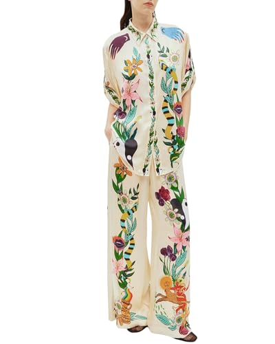 Damen Boho 2-teiliges Outfit Bohemian Print Kurzarm Knopfleiste Hemd + Kordelzug Hose Set Beachwear, weiß, M von SANSIWU