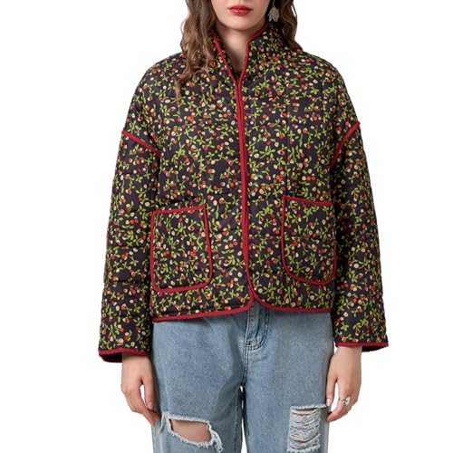 SANSIWU, kurze Damen-Pufferjacke mit Blumendruck, gepolsterter Steppmantel, Langarm, leicht, Vintage, Oberbekleidung, D-Mehrfarbig, M von SANSIWU