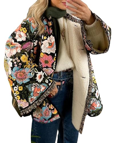 SANSIWU, kurze Damen-Pufferjacke mit Blumendruck, gepolsterter Steppmantel, Langarm, leicht, Vintage, Oberbekleidung, M von SANSIWU