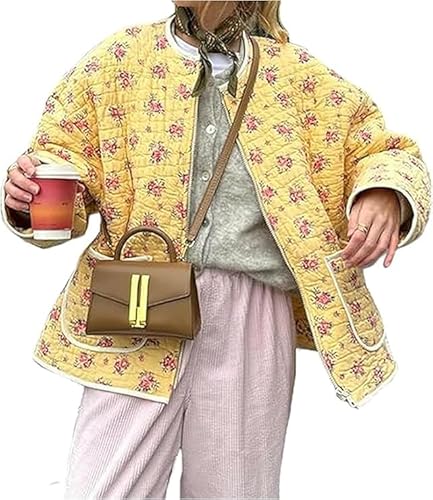 SANSIWU, kurze Damen-Pufferjacke mit Blumendruck, gepolsterter Steppmantel, Langarm, leicht, Vintage, Oberbekleidung, S von SANSIWU