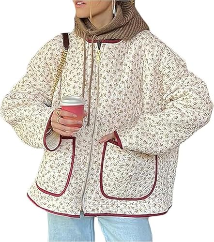 SANSIWU, kurze Damen-Pufferjacke mit Blumendruck, gepolsterter Steppmantel, Langarm, leicht, Vintage, Oberbekleidung, XL von SANSIWU