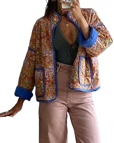 SANSIWU, kurze Damen-Pufferjacke mit Blumendruck, gepolsterter Steppmantel, Langarm, leicht, Vintage, Oberbekleidung, A-Kaki, M von SANSIWU