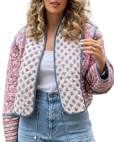 SANSIWU Damen Cropped Puffer Jacke Blumendruck Gepolsterter Steppmantel Langarm Leichte Vintage Gepolsterte Jacke Oberbekleidung, A-Pink, 42 von SANSIWU