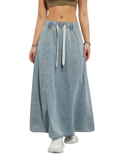 SANSIWU Damen Denim Kordelzug Lange Röcke Elastische Hohe Taille Maxi Flare Jeansrock Sommer Casual Paperbag A Linie Strand Rock, A-light blue, M von SANSIWU