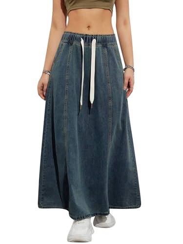 SANSIWU Damen Denim Kordelzug Lange Röcke Elastische Hohe Taille Maxi Flare Jeansrock Sommer Casual Paperbag A Linie Strand Rock, Dunkelblau, L von SANSIWU