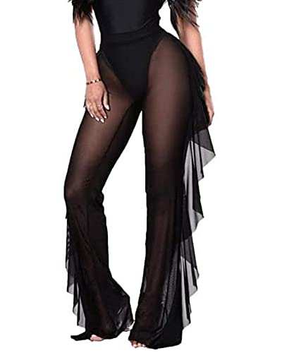 SANSIWU Damen Sheer Mesh Rüschen Hosen Badeanzug Bikini Bottom Cover Up Party Club Elastische Hohe Taille Weites Bein Strandhose, A-schwarz, M von SANSIWU