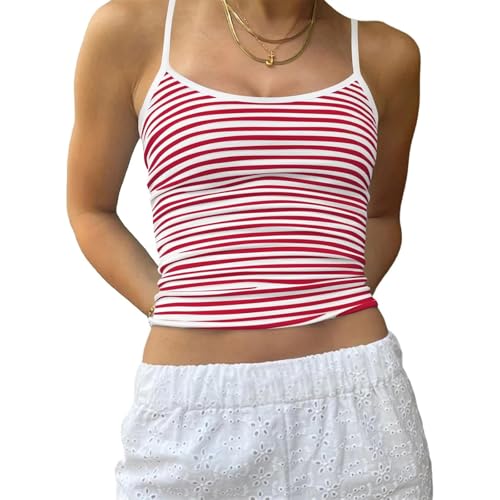 SANSIWU Damen Gestreiftes Crop Cami Top Y2K Ärmellos Spaghettiträger Crop Cami Tank Rückenfrei Slim Fit Ausgehen Tops Camisole, rot, S von SANSIWU
