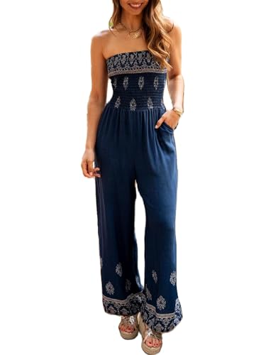 SANSIWU Damen-Jumpsuit mit weitem Bein, trägerlos, gesmokt, lässig, schulterfrei, lockere lange Hose, Jumpsuit, Strampler mit Poket, A-Tiefblau, L von SANSIWU