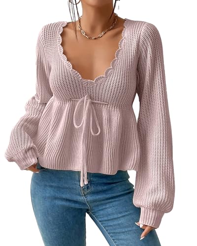 SANSIWU Damen Kordelzug Taille Strickpullover U Ausschnitt Lange Laterne Ärmel Low Cut Pullover Pullover Tops Streetwear, Blassrosa grau, L von SANSIWU