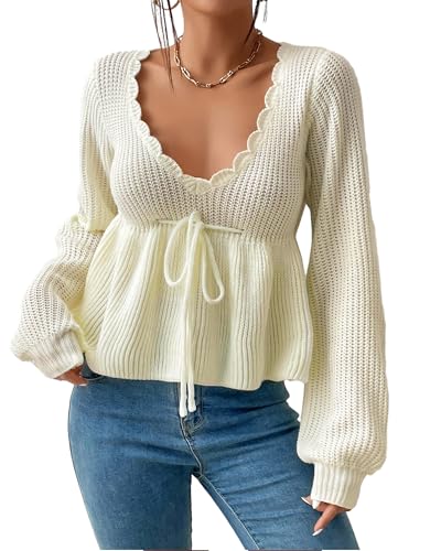 SANSIWU Damen Kordelzug Taille Strickpullover U Ausschnitt Lange Laterne Ärmel Low Cut Pullover Pullover Tops Streetwear, beige, L von SANSIWU