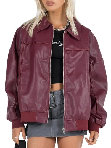 SANSIWU Damen Lederjacken Oversized Faux Motorrad Biker Mantel Reißverschluss PU Moto Varsity Bomber Cardigan Jacken Outwear Streetwear (A-Red, XL), rot (a), XL von SANSIWU