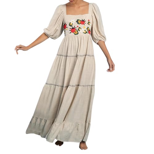 SANSIWU Damen-Maxikleid mit Blumenstickerei, lange Puffärmel, quadratischer Ausschnitt, böhmisches gestuftes fließendes Kleid, A-Linie, lässiges Strandkleid, E-07, M von SANSIWU