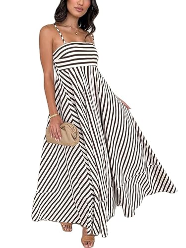 SANSIWU Damen Maxikleid mit niedlichem Druck, gestreift, gesmokt, rückenfrei, Spaghettiträger, Ausschnitt, fließendes Boho-Blumen-Sommerkleid, C-Hellbraun, L von SANSIWU