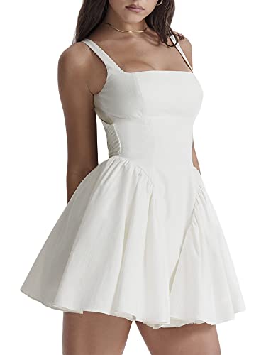 SANSIWU Damen-Minikleid mit Rüschen, niedrig geschnitten, Spaghettiträger, fließendes kurzes Kleid mit Rüschen, Sommerkleid, A-Weiß 1, Small von SANSIWU