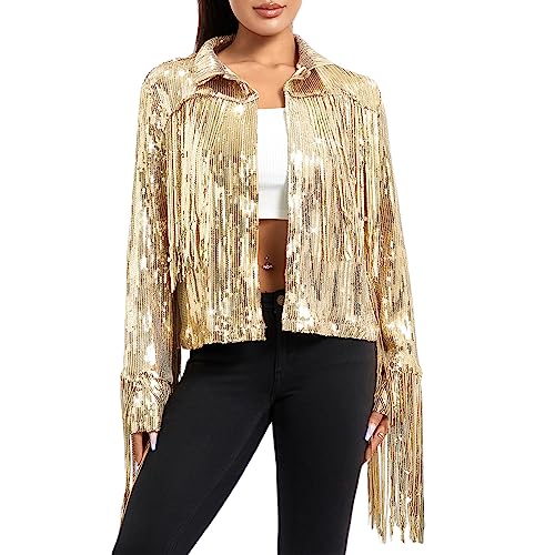 SANSIWU Damen Pailletten-Fransenjacke Y2k Langarm Quaste Glänzend Funkeln Jacken Party Glitzer Metallic Blazer Rave-Disco Konzert Outfits, goldfarben, XXL von SANSIWU