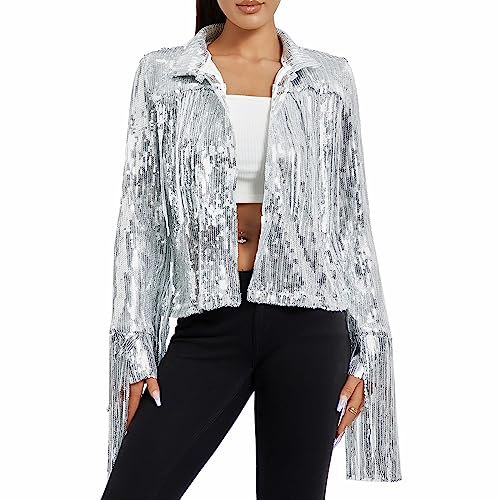 SANSIWU Damen Pailletten-Fransenjacke Y2k Langarm Quaste Glänzend Funkeln Jacken Party Glitzer Metallic Blazer Rave-Disco Konzert Outfits, silber, XXL von SANSIWU