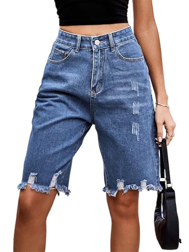 SANSIWU Damen Raw Hem Ripped Bermuda Denim Shorts Hohe Taille Reißverschluss Hosenschlitz Knopfleiste Kurze Jeans Stretch Weites Bein Knielang Casual Jeans, A-Blau, L von SANSIWU